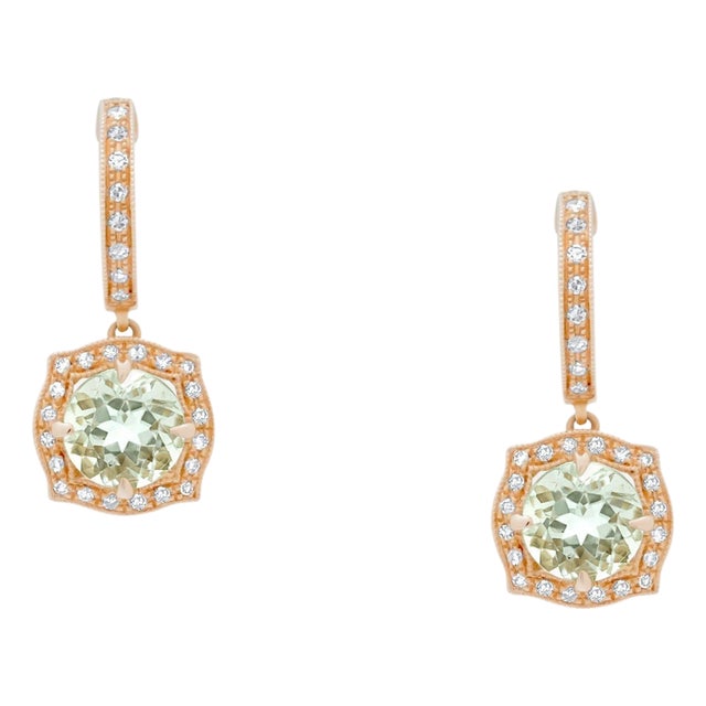 Green Amethyst Prasiolite Diamond Halo Rose Gold Huggie Drop Unique Earrings, A Pair For Sale