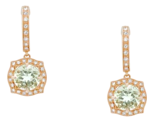Green Amethyst Prasiolite Diamond Halo Rose Gold Huggie Drop Unique Earrings, A Pair