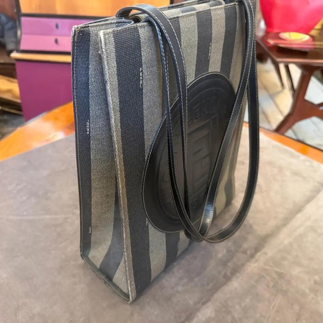 1990s Black PVC Pequin Striped Pattern Shoulder Bag by Fendi Rome For Sale - Image 15 of 15