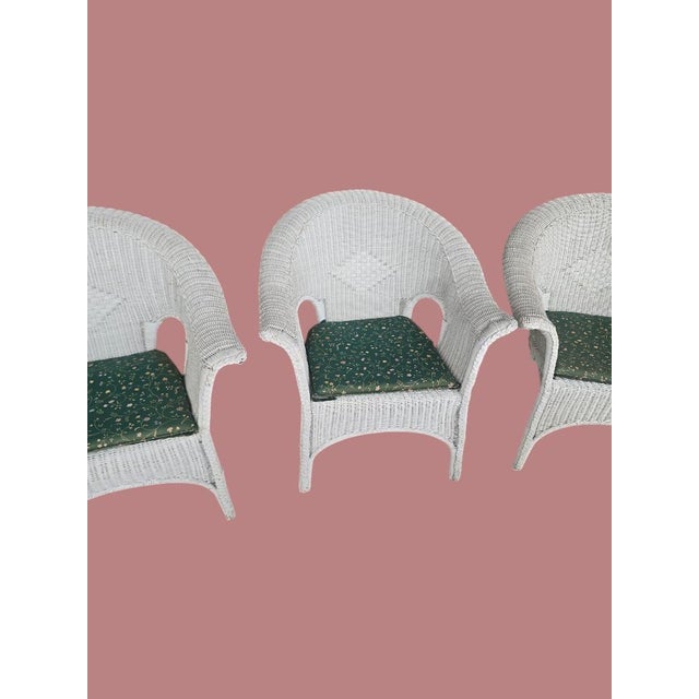 Vintage Coastal White Wicker 7-Piece Conversation Set With Loveseat, Four Chairs & Glass Top Tables For Sale - Image 4 of 11