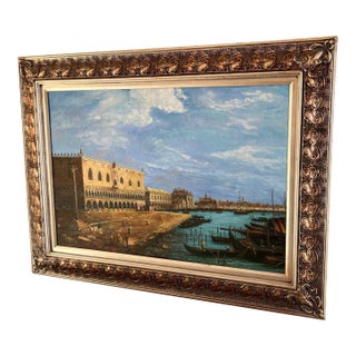 1960s Large Framed Venice Gondola Original Oil Painting on Canvas For Sale