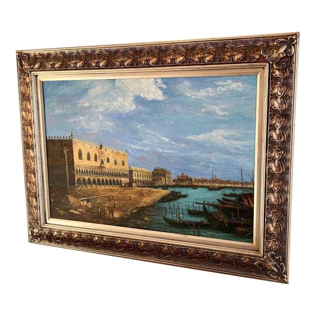 1960s Large Framed Venice Gondola Original Oil Painting on Canvas For Sale