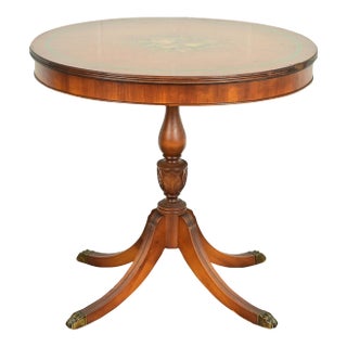 Imperial Furniture Georgian Mahogany Pedestal Floral Painted Side Table or Tea Table, Circa 1940s For Sale