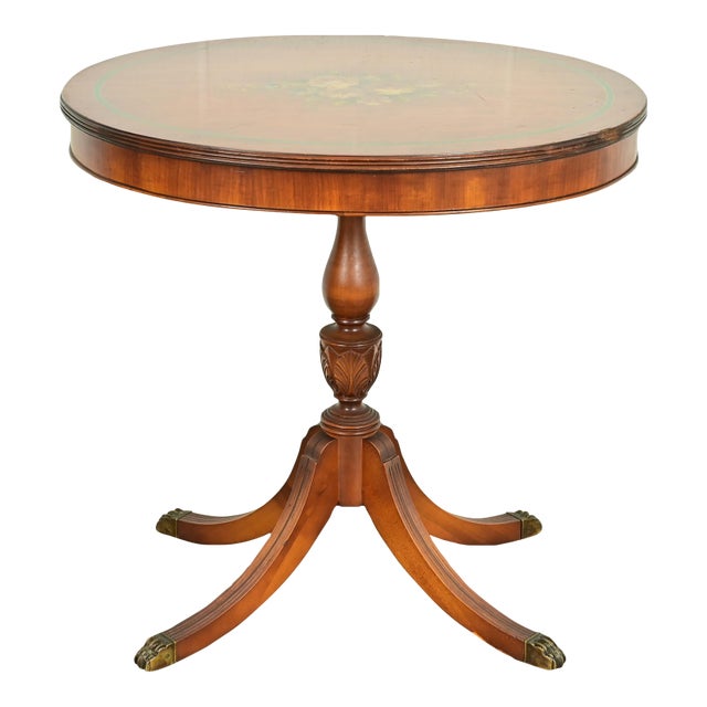 Imperial Furniture Georgian Mahogany Pedestal Floral Painted Side Table or Tea Table, Circa 1940s For Sale