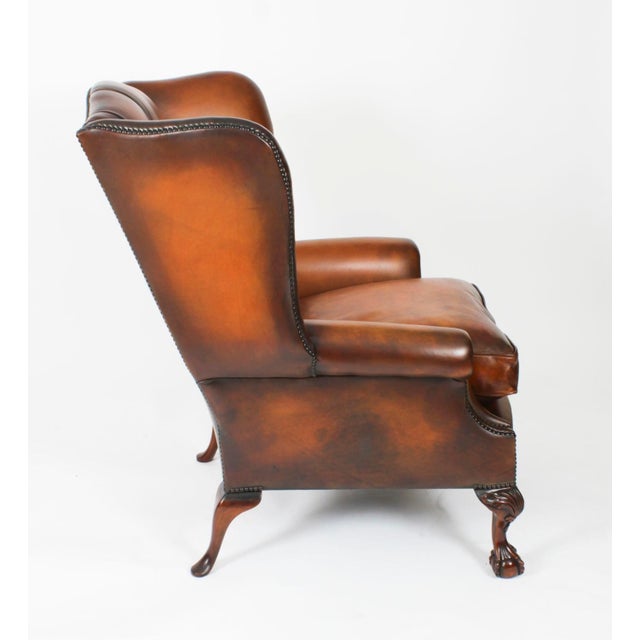 Antique Chippendale Revival Wingback Armchairs in Leather, 1920s, Set of 2 For Sale - Image 14 of 18