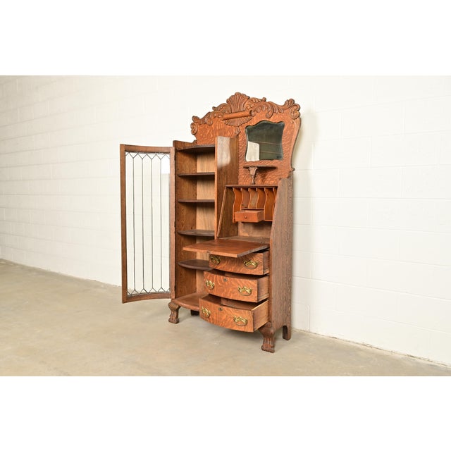 Antique Victorian Carved Tiger Oak Side-by-Side Bookcase With Drop Front Secretary Desk, Circa 1900 For Sale In South Bend - Image 6 of 15