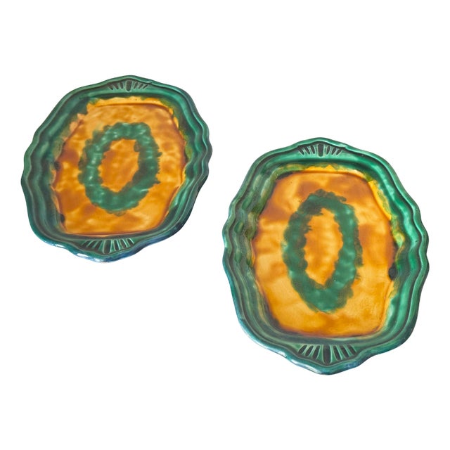 French Green and Yellow Ceramic Serving Dishes with Layered Rim, 1970s, Set of 2 For Sale