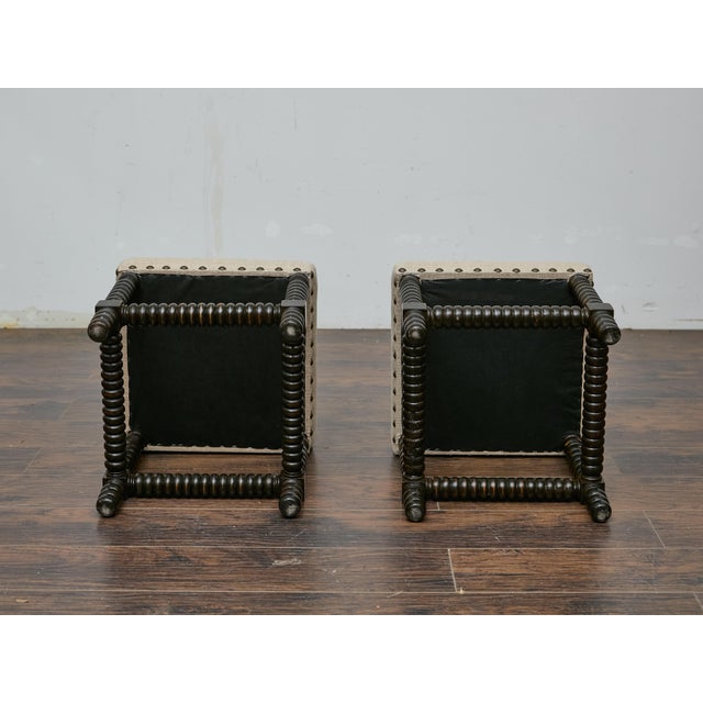 Pair of English 19th Century Ebonized Bobbin Stools with Custom Linen Upholstery For Sale In Atlanta - Image 6 of 9