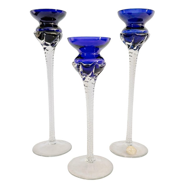 Art Deco Vintage Romanian Cobalt Blue Hand-Blown Crystal Candlesticks With Twisted Stems – Set of 3 For Sale - Image 3 of 9