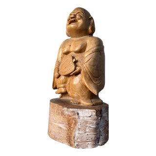 Japanese Hotei Laughing Buddha Carved in Birch Wood, 1950s For Sale
