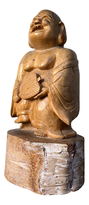 Japanese Hotei Laughing Buddha Carved in Birch Wood, 1950s