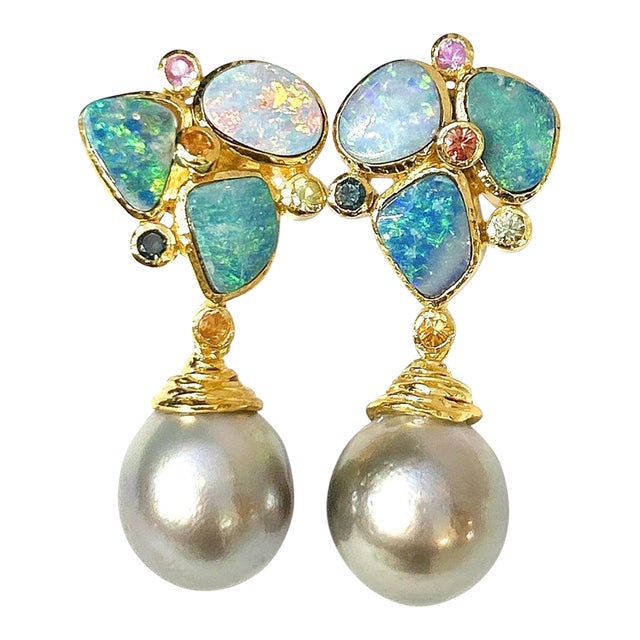 Bochic “Orient” Opal, South Sea Pearls & Sapphires Earrings Set 18k Gold & Silver - 2 Pieces For Sale