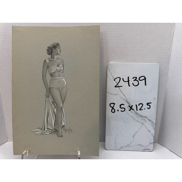 Original Signed Graphite Illustration of Glamorous Woman in Vintage Swimsuit, 12.5 X 8.5 In. For Sale In Atlanta - Image 6 of 6