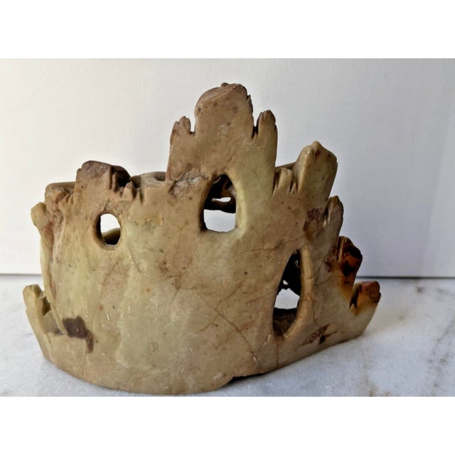 Beige Vintage Chinese Hand-Carved Soapstone Brush Pot and Inkwell Featuring Intricate Openwork Foliage and Fruit Accents For Sale - Image 8 of 13