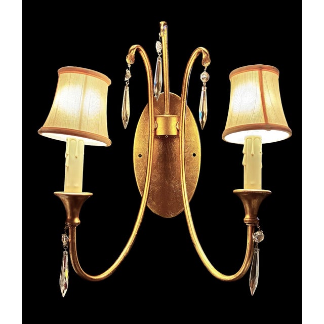 1990s Mid-Century Modern Gold Leaf 2-Light Crystal Wall Sconce For Sale - Image 13 of 14