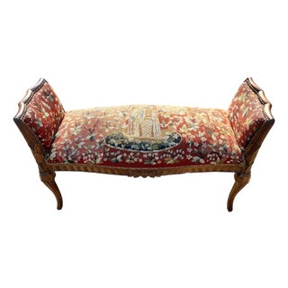 Antique Karpen French Style Needlepoint Bench, Carved Wood, Floral Tapestry For Sale