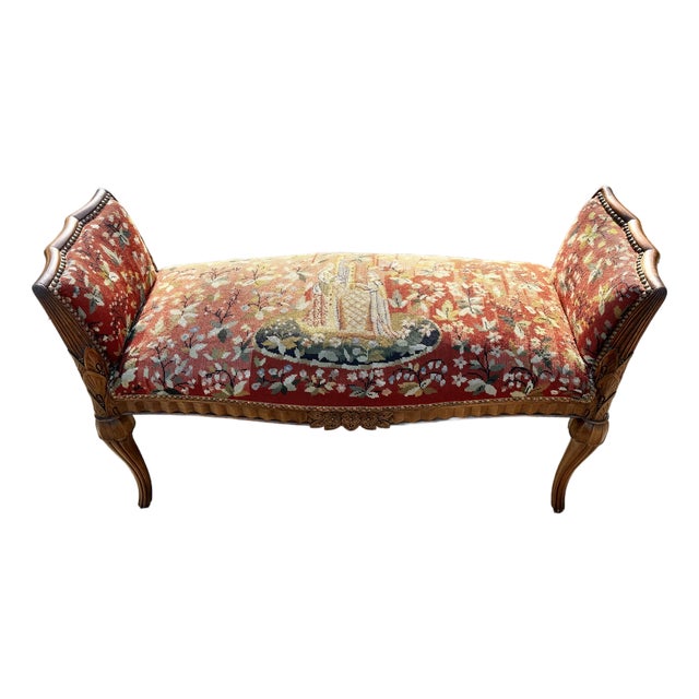Antique Karpen French Style Needlepoint Bench, Carved Wood, Floral Tapestry For Sale