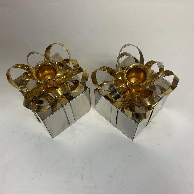 Contemporary Vintage Contemporary Americana Christmas Metal Wrapped Present Candle Holders - a Pair. For Sale - Image 3 of 7