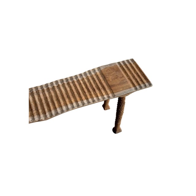 Brown Sculptural Teak Wood Bench Carved Detailing, Modern Organic For Sale - Image 8 of 11
