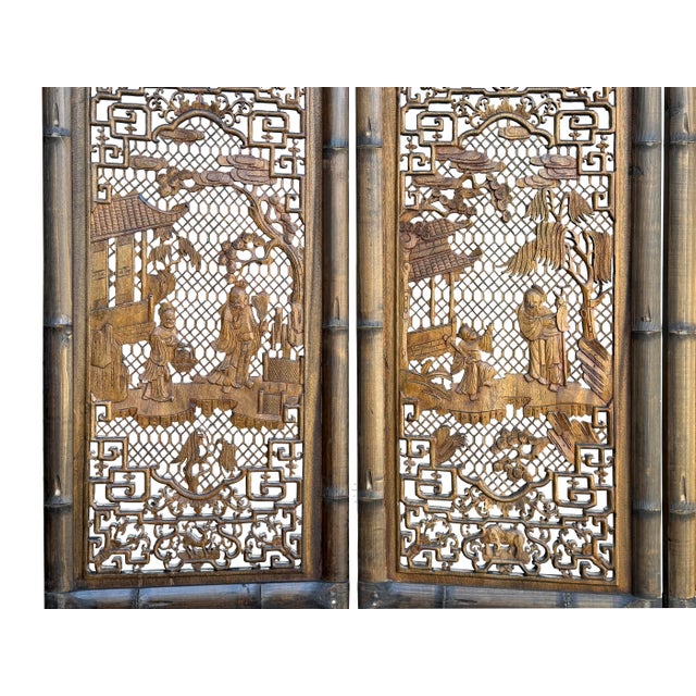 Wood Vintage Finish Openwork Figural 4 Panels Wood Floor Screen Room Divider For Sale - Image 7 of 13