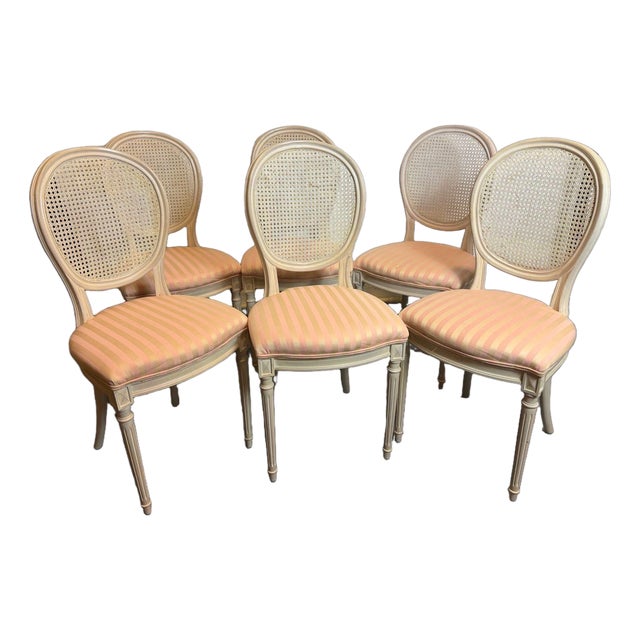 Vintage French Louis XVI Style Oval Cane Back Dining Chairs, Set of 6, C. 1970s For Sale