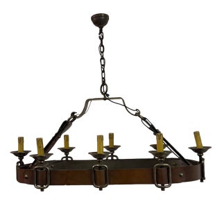 French Leather and Iron Chandelier, 1950s For Sale