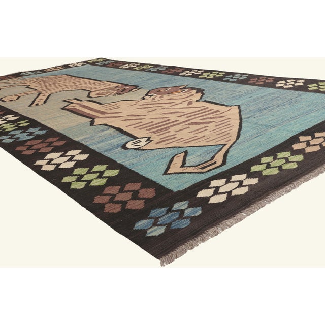 79768 Vintage Pakistani Pictorial Kilim Rug, 06'05 x 11'06. The Caspian Tigers: A Vintage Pakistani Kilim Masterpiece of...