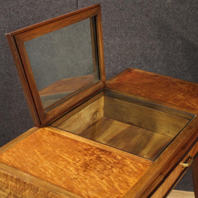 Console table with mirror, Italy, 1970s design. Fabulously designed furniture, veneered in thuja burl with ebonized drawer...