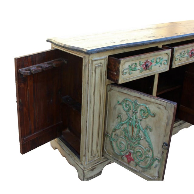 Green Relief Flower Motif Distressed Cream Yellow White Sideboard Table Cabinet For Sale - Image 8 of 10