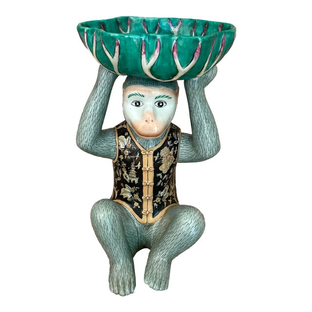 Late 20th Century Chinoiserie Porcelain Monkey Bowl For Sale