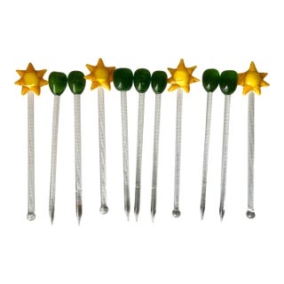 Vintage Blown Glass Martini Olive Picks & Sun Swizzle Sticks-Set 11 For Sale