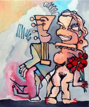 "The Odd Couple" Contemporary Cubist Style Abstract Oil Painting