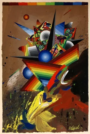 Georges Dussau, French Surrealist Colorful Futurist Abstract Painting Composition II 1979