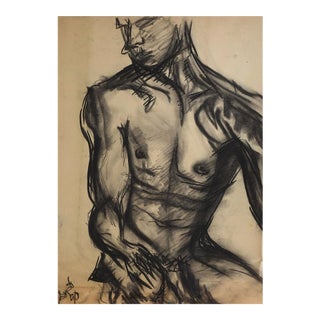 Vintage Distressed Charcoal Male Nude Study Drawing For Sale