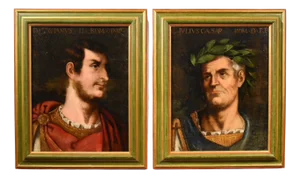 Follower of Tiziano Vecellio, Portraits of Julius Caesar & Octavian, 1700, Oil on Canvases, Framed, Set of 2