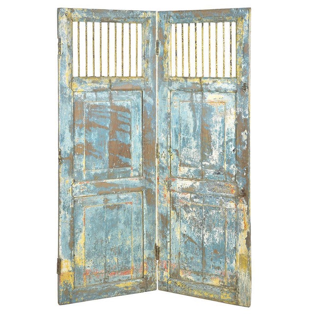 Antique Two-Panel Wooden Screen with Blue Patina For Sale - Image 4 of 7