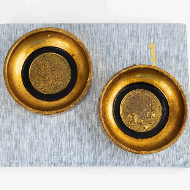 1960s Vintage Italian Gold Frame Brass Coin Wall Art - A Pair For Sale - Image 5 of 12