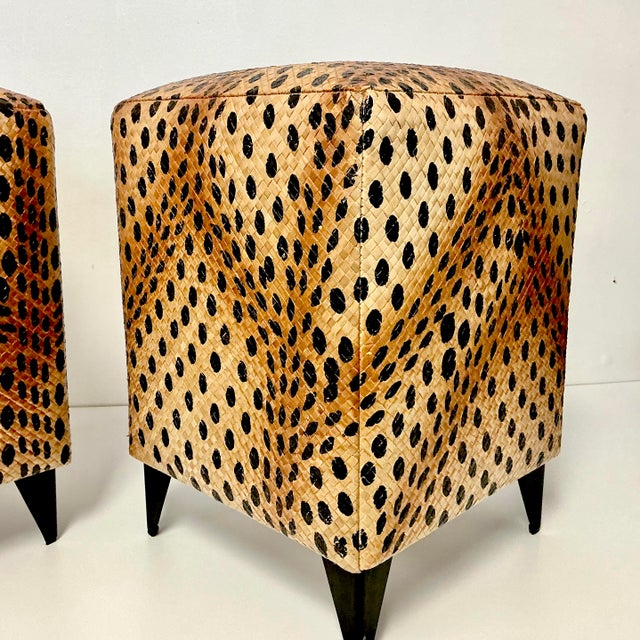 Vintage Boho Chic Hollywood Regency Coastal Leopard Woven Rattan Stools - A Pair. For Sale - Image 11 of 16