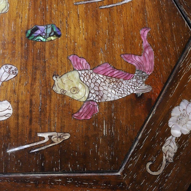 Vintage Chinese Huali Rosewood Mother-of-Pearl Inlaid "Fish & Lotus" Hexagonal Stool For Sale - Image 4 of 10