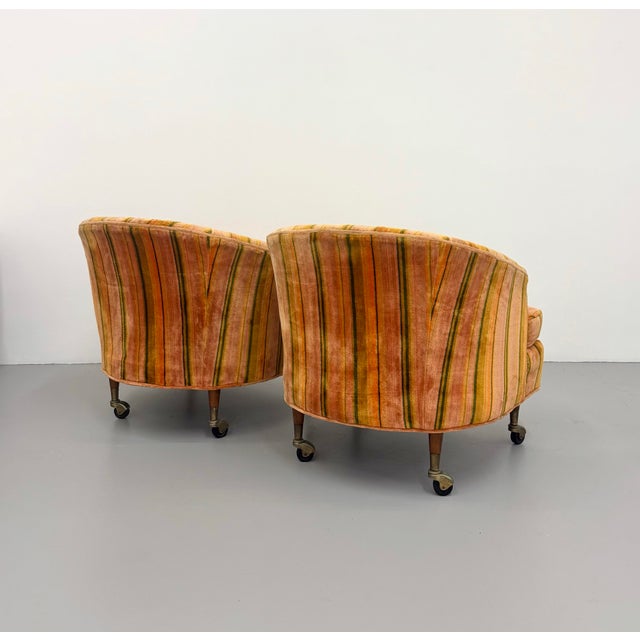 Metal Vintage Barrel Back Lounge Chairs on Brass Casters – Pair For Sale - Image 7 of 8