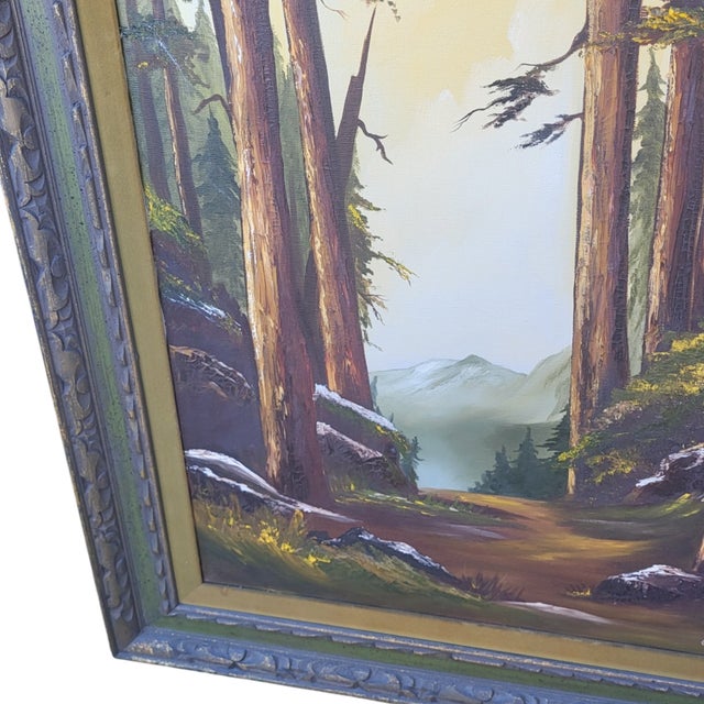 1970s Signed Gerry Downs Oil Painting Feat Redwood Forest Landscape in Carved Wood Frame For Sale - Image 5 of 12