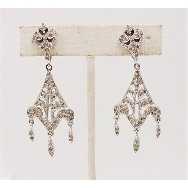Silver Vintage 1960s Signed Polcini Rhodium Plated Rhinestone Chandelier Clip Earrings - 2 Pieces For Sale - Image 8 of 8