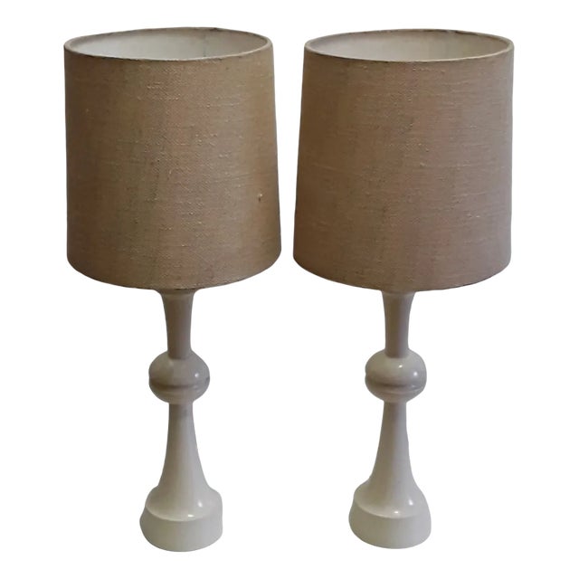Vintage Table Lamps with Creamy White, Profiled Pillar Foot & Gem Fabric Shade, 1970s, Set of 2 For Sale