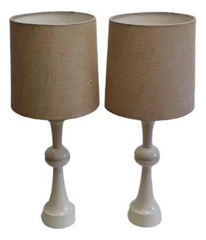 Vintage Table Lamps with Creamy White, Profiled Pillar Foot & Gem Fabric Shade, 1970s, Set of 2