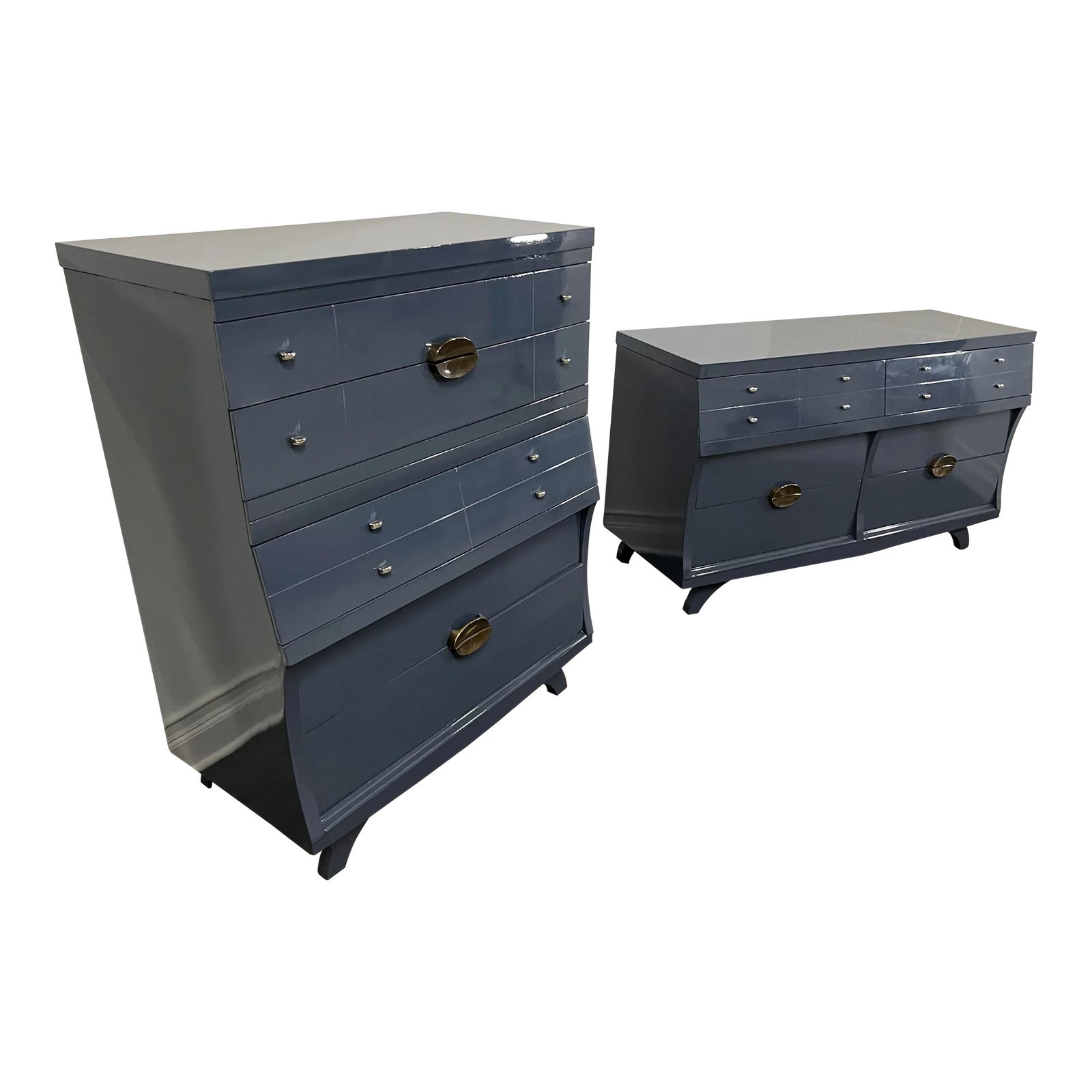 1970s Set of Two Blue Dressers Low and Tall Boy Custom Painted, High