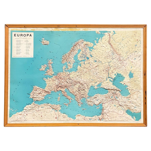 Modern Italian Topographic Geographical Map in Wood Frame of Europe, 1950s-1990s For Sale