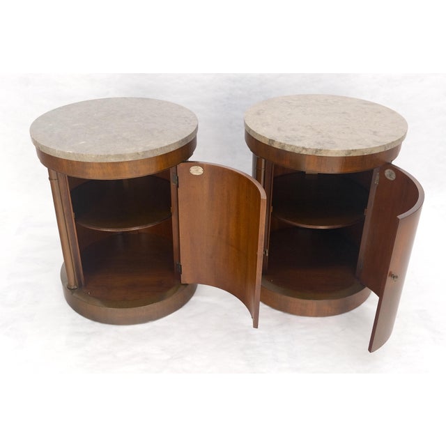 Baker Pair Cylinder Drum Shape Marble Top One Door Compartment Side End Tables MINT
