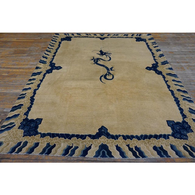 Figurative 1890s Ivory Blue Tan Antique Chinese Peking Dragon Carpet 8' X 9'8" Wool Rug For Sale - Image 3 of 14