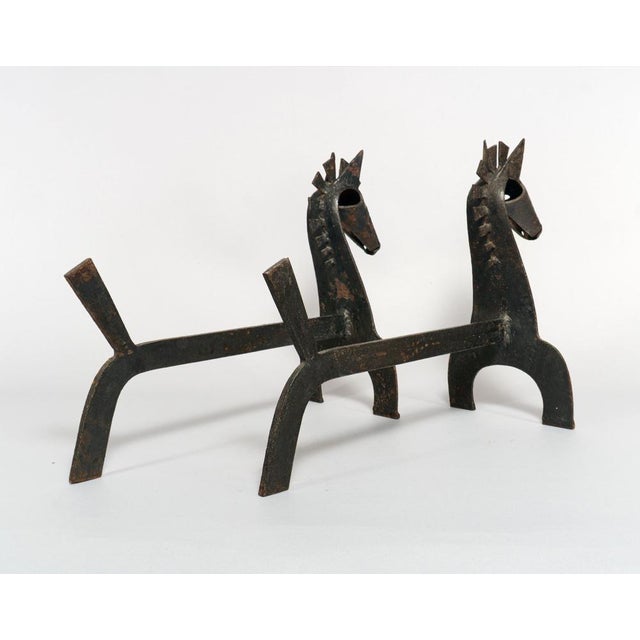 Mid-Century Modern Mid-Century Brutalist Wrought Iron Horse Andirons or Fire Dogs, 1950s, Set of 2 For Sale - Image 3 of 6