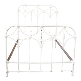 Antique Full Size White Painted Iron Bed With Brass Accents For Sale